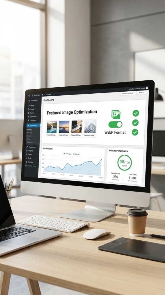 SEO image optimization concept showing image alt text settings, search engine visibility, accessibility improvement, WordPress image settings interface